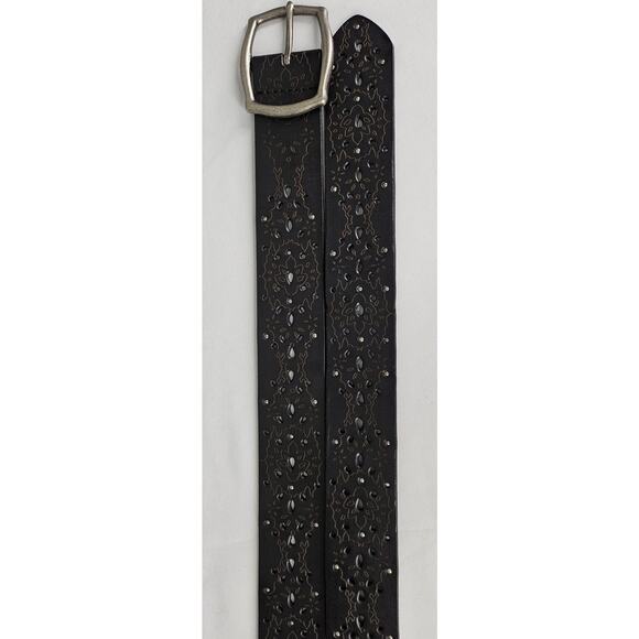 CUSTOM EMBOSSED UNISEX DRK BROWN LEATHER BELT W/ NICKLE BUCKLE – 45” L, 1.5” W - Picture 4 of 6